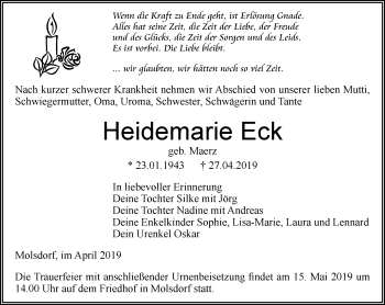 Traueranzeige von Heidemarie Eck von Thüringer Allgemeine, Thüringische Landeszeitung
