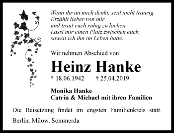 Traueranzeige von Heinz Hanke von Thüringer Allgemeine