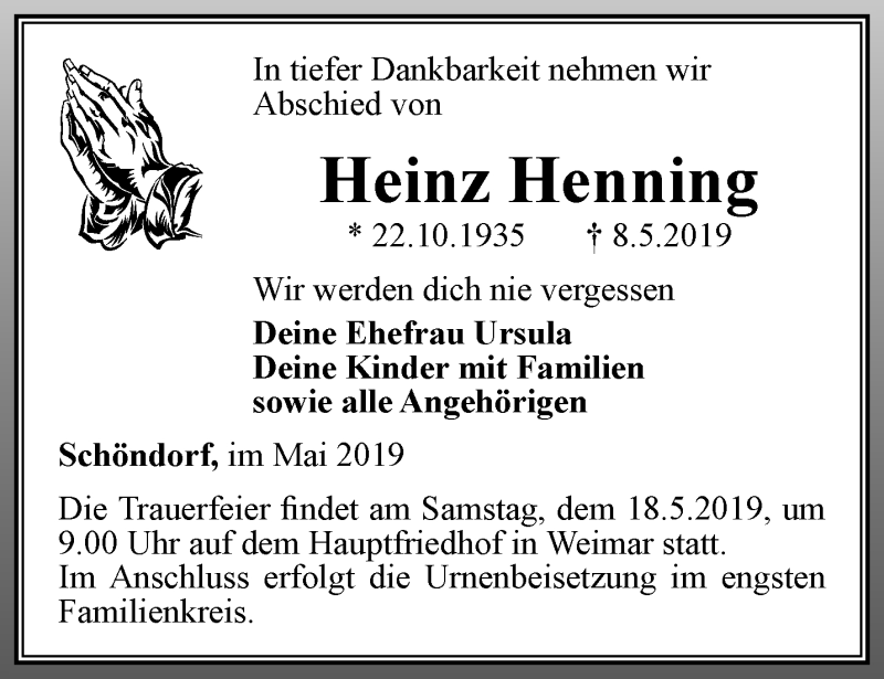  Traueranzeige für Heinz Henning vom 11.05.2019 aus Thüringer Allgemeine, Thüringische Landeszeitung