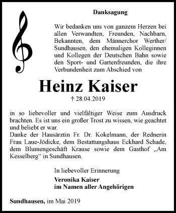 Traueranzeige von Heinz Kaiser von Thüringer Allgemeine