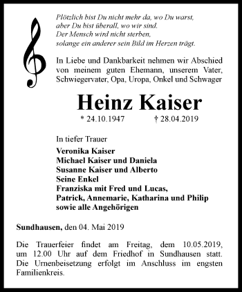 Traueranzeige von Heinz Kaiser von Thüringer Allgemeine
