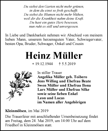 Traueranzeige von Heinz Müller von Thüringer Allgemeine, Thüringische Landeszeitung