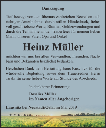 Traueranzeige von Heinz Müller von Ostthüringer Zeitung