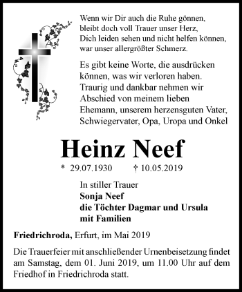Traueranzeige von Heinz Neef von Ostthüringer Zeitung, Thüringische Landeszeitung