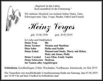 Traueranzeige von Heinz Verges von Thüringer Allgemeine, Thüringische Landeszeitung