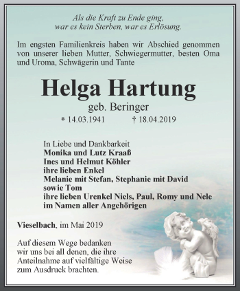 Traueranzeige von Helga Hartung von Thüringer Allgemeine, Thüringische Landeszeitung