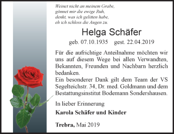 Traueranzeige von Helga Schäfer von Thüringer Allgemeine