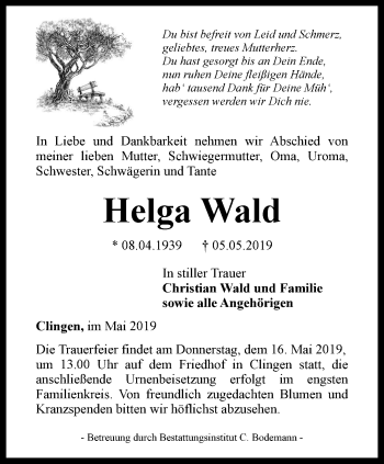 Traueranzeige von Helga Wald von Thüringer Allgemeine