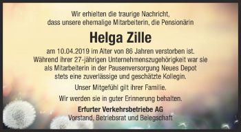 Traueranzeige von Helga Zille