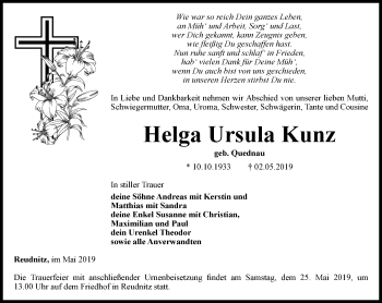 Traueranzeige von Helga Ursula Kunz von Ostthüringer Zeitung