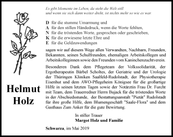 Traueranzeige von Helmut Holz von Ostthüringer Zeitung