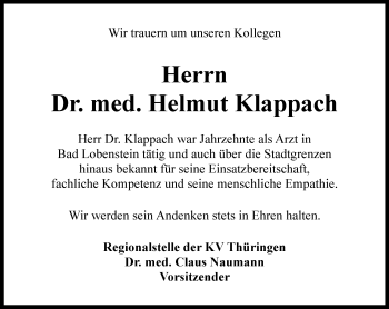 Traueranzeige von Helmut Klappach von Ostthüringer Zeitung