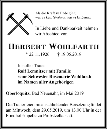 Traueranzeige von Herbert Wohlfarth von Ostthüringer Zeitung