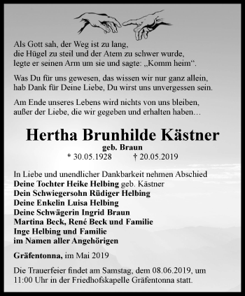 Traueranzeige von Hertha Brunhilde Kästner von Thüringer Allgemeine, Thüringische Landeszeitung