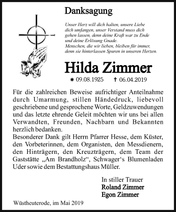 Traueranzeige von Hilda Zimmer von Thüringer Allgemeine