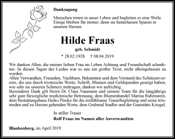 Traueranzeige von Hilde Fraas von Ostthüringer Zeitung