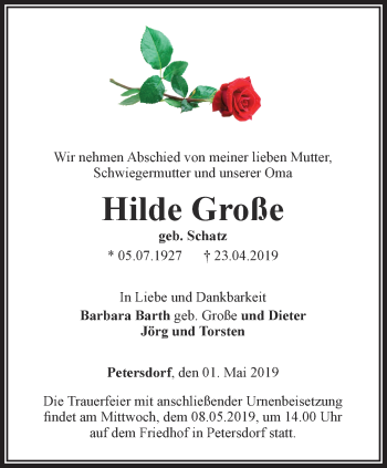 Traueranzeige von Hilde Große von Thüringer Allgemeine