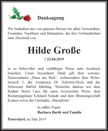 Traueranzeige von Hilde Große von Thüringer Allgemeine