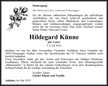 Traueranzeige von Hildegard Künne von Thüringer Allgemeine