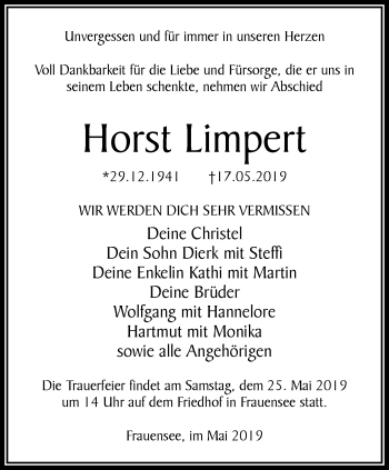 Traueranzeige von Horst Limpert von Thüringer Allgemeine, Thüringische Landeszeitung