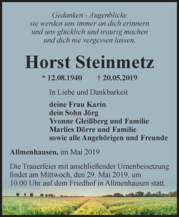 Traueranzeige von Horst Steinmetz von Thüringer Allgemeine