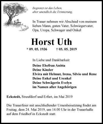 Traueranzeige von Horst Uth von Thüringer Allgemeine, Thüringische Landeszeitung