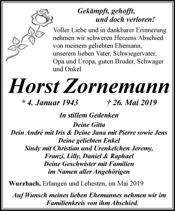 Traueranzeige von Horst Zornemann von Ostthüringer Zeitung