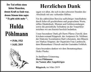 Traueranzeige von Hulda Pöhlmann von Ostthüringer Zeitung