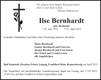 Traueranzeige von Ilse Bernhardt von Thüringer Allgemeine, Thüringische Landeszeitung