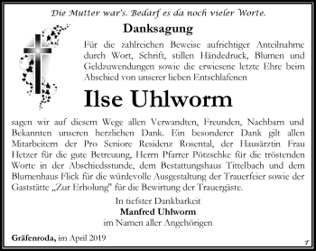 Traueranzeige von Ilse Uhlworm von Thüringer Allgemeine