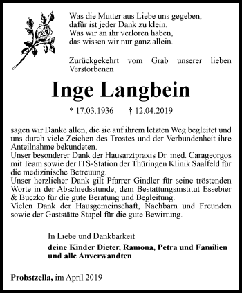 Traueranzeige von Inge Langbein von Ostthüringer Zeitung