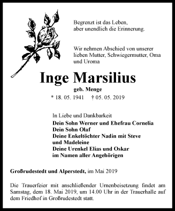 Traueranzeige von Inge Marsilius von Thüringer Allgemeine