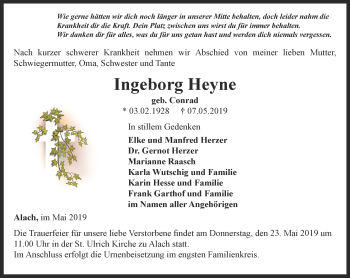 Traueranzeige von Ingeborg Heyne von Thüringer Allgemeine, Thüringische Landeszeitung