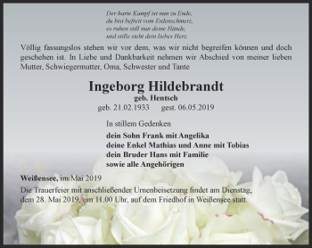 Traueranzeige von Ingeborg Hildebrandt von Thüringer Allgemeine