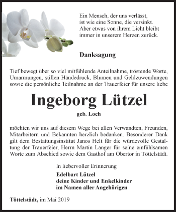 Traueranzeige von Ingeborg Lützel von Thüringer Allgemeine, Thüringische Landeszeitung