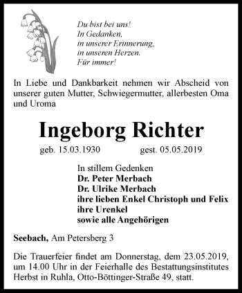 Traueranzeige von Ingeborg Richter von Thüringer Allgemeine, Thüringische Landeszeitung