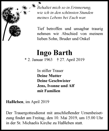 Traueranzeige von Ingo Barth von Thüringer Allgemeine