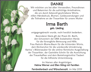 Traueranzeige von Irma Barth von Thüringer Allgemeine, Thüringische Landeszeitung