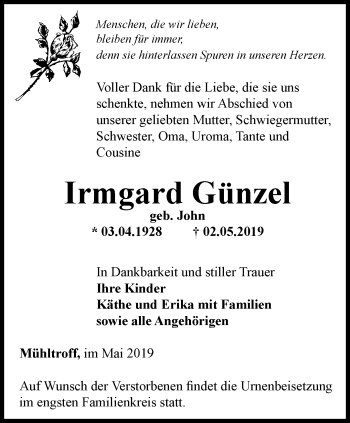 Traueranzeige von Irmgard Günzel von Ostthüringer Zeitung