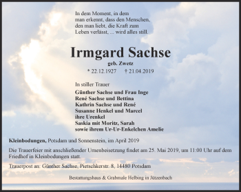 Traueranzeige von Irmgard Sachse von Thüringer Allgemeine