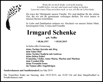 Traueranzeige von Irmgard Schenke von Thüringer Allgemeine