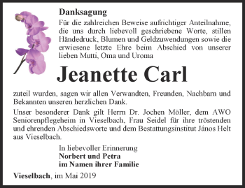 Traueranzeige von Jeanette Carl von Thüringer Allgemeine, Thüringische Landeszeitung