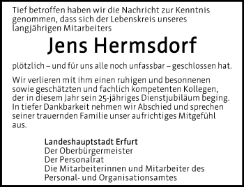 Traueranzeige von Jens Hermsdorf von Thüringer Allgemeine, Thüringische Landeszeitung