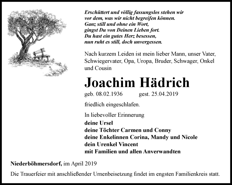  Traueranzeige für Joachim Hädrich vom 04.05.2019 aus Ostthüringer Zeitung