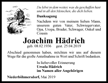 Traueranzeige von Joachim Hädrich von Ostthüringer Zeitung