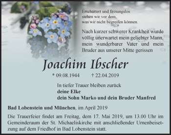 Traueranzeige von Joachim Ibscher von Ostthüringer Zeitung