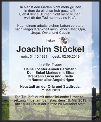 Traueranzeige von Joachim Stöckel von Ostthüringer Zeitung