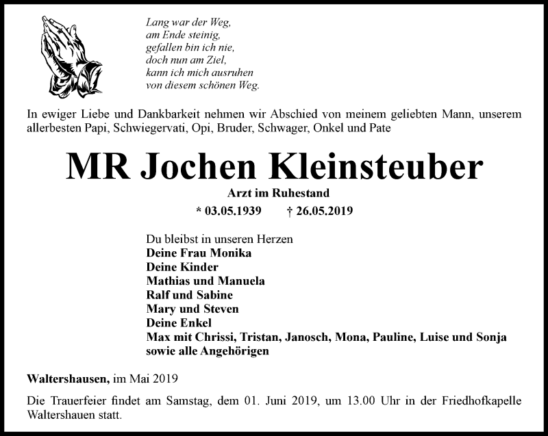 Traueranzeige für Jochen Kleinsteuber vom 29.05.2019 aus Ostthüringer Zeitung, Thüringische Landeszeitung