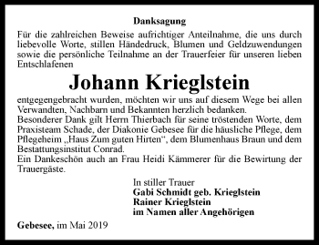 Traueranzeige von Johann Krieglstein von Thüringer Allgemeine, Thüringische Landeszeitung