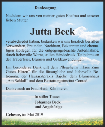 Traueranzeige von Jutta Beck von Thüringer Allgemeine, Thüringische Landeszeitung